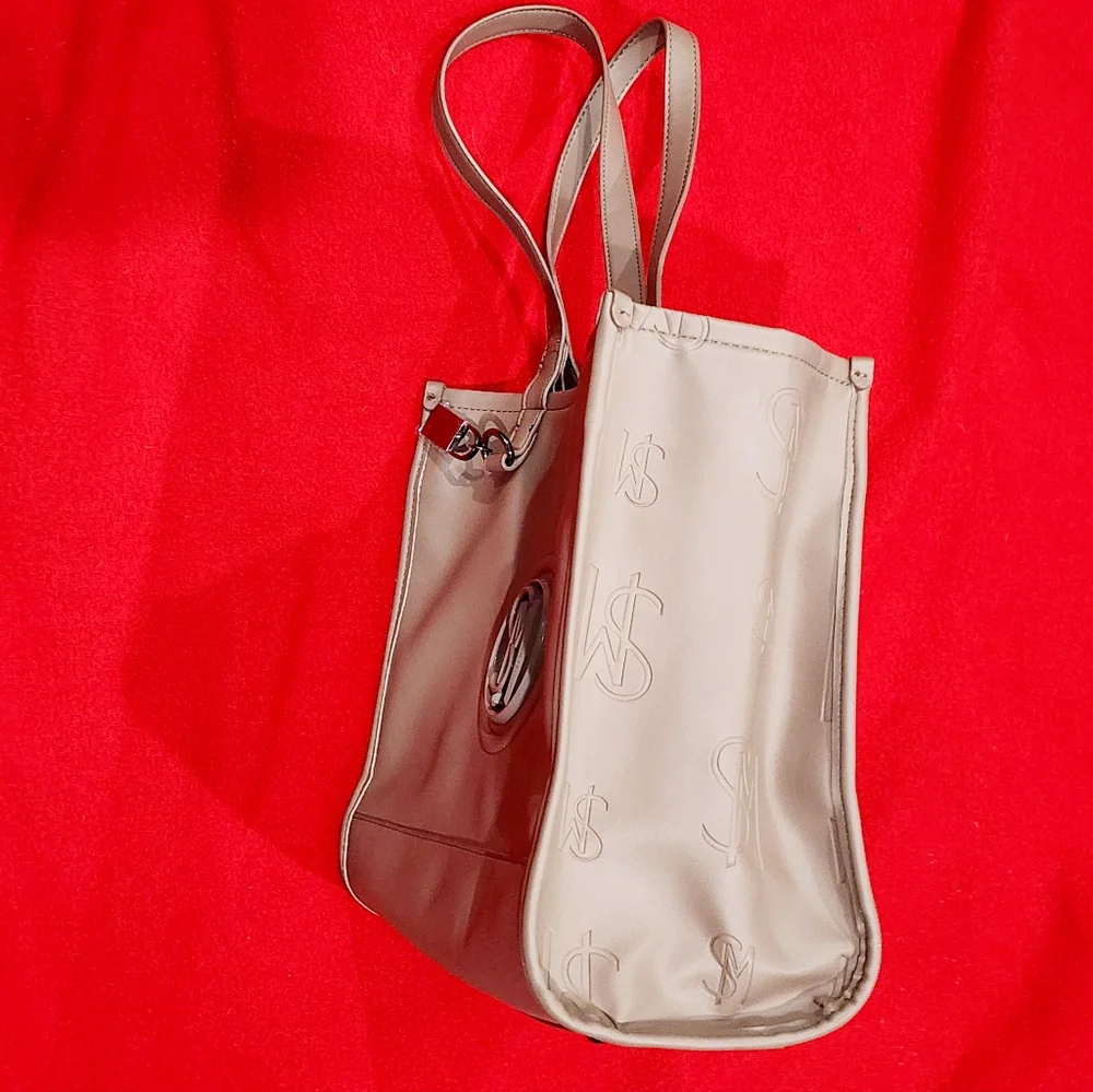 Taupe Structured Tote Bag with Monogram Accent